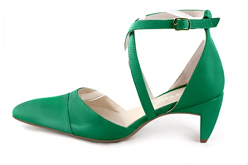 Emerald green women's open side shoes, with crossed straps. Tapered toe. Medium comma heels. Profile view - Florence KOOIJMAN